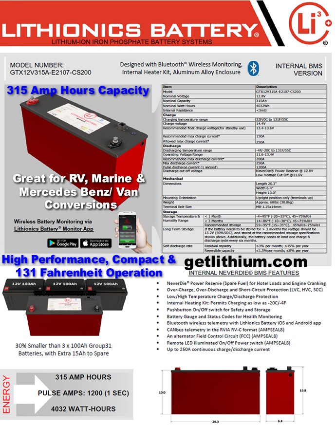 Lithionics GTX 315 Amp hour high capacity deep cycle and engine starting lithium-ion battery: light weight, super safe, powerful and compact lithium ion battery