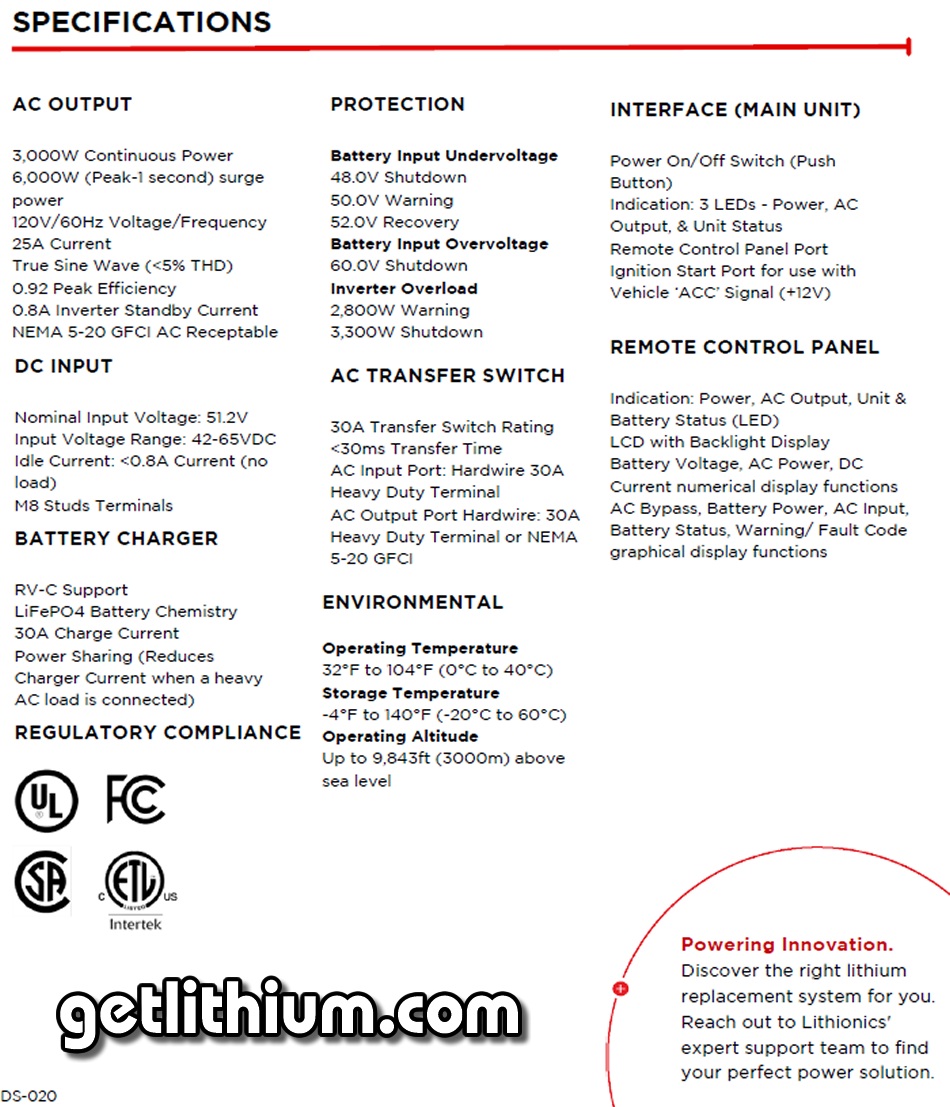 Lithionics Battery High Performance 51 Volt Inverter-Charger with 3,000 Watts of power for RV, MArine and more