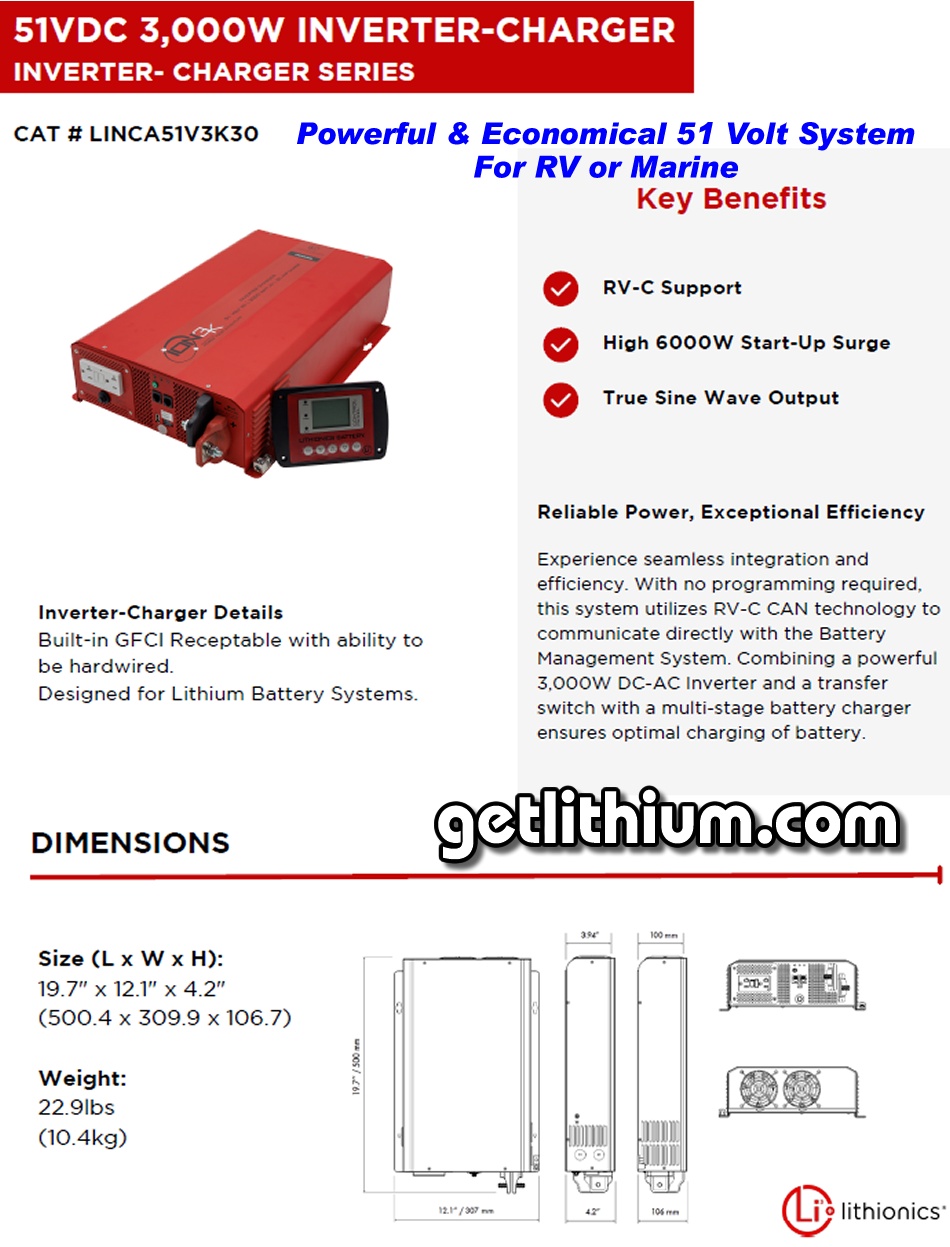 Lithionics Battery High Performance 51 Volt Inverter-Charger with 3,000 Watts of power for RV, MArine and more