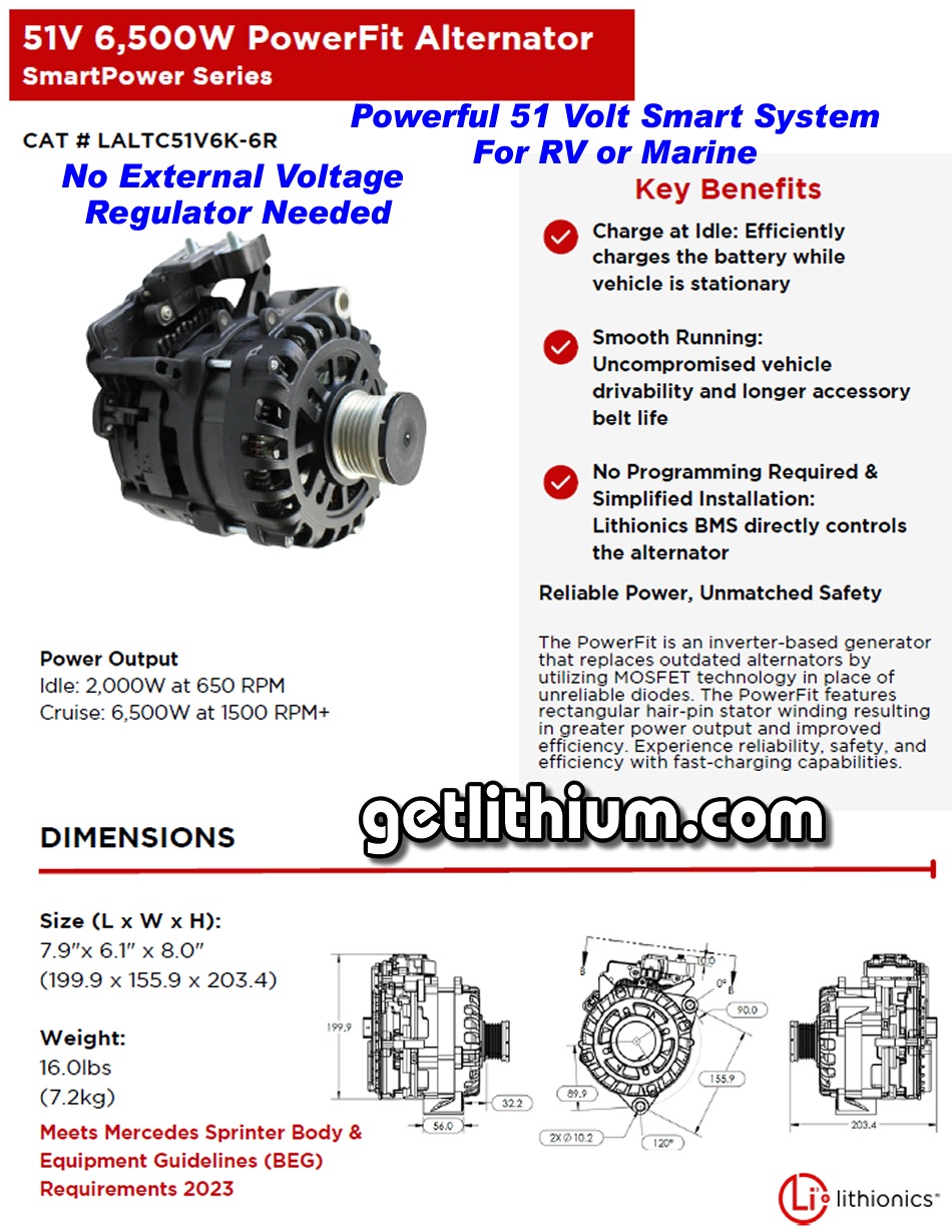 Lithionics Battery High Performance 51 Volt Alternator with 6,500 Watts of power for RV, Marine and more