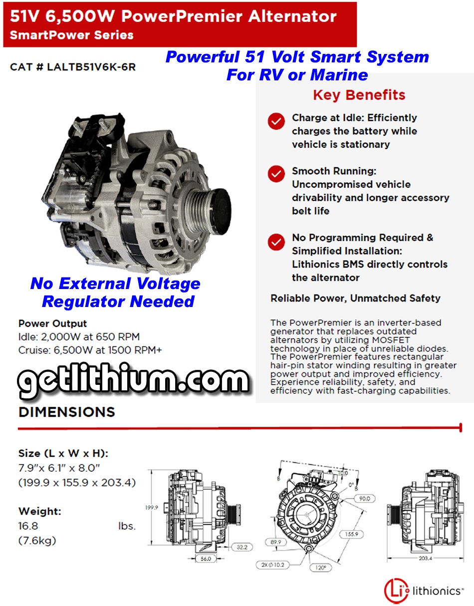 Lithionics Battery High Performance 51 Volt Alternator with 6,500 Watts of power for RV, Marine and more