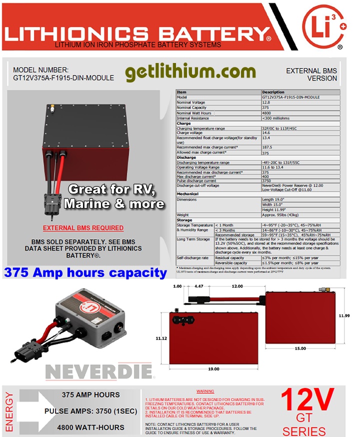 Click here for a larger Lithionics Battery 12 Volt lithium-ion deep cycle battery spec sheet