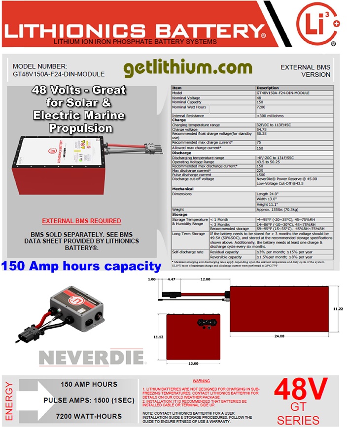 Click here for a larger Lithionics Battery 48 Volt lithium-ion deep cycle battery spec sheet