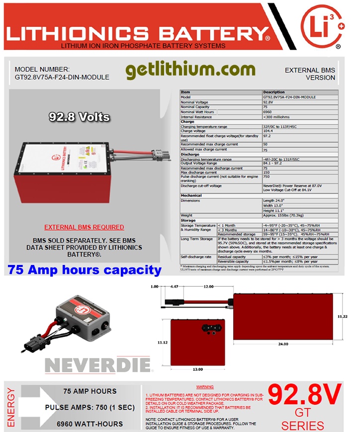 Click here for a larger Lithionics Battery 92.8 Volt lithium-ion deep cycle battery spec sheet