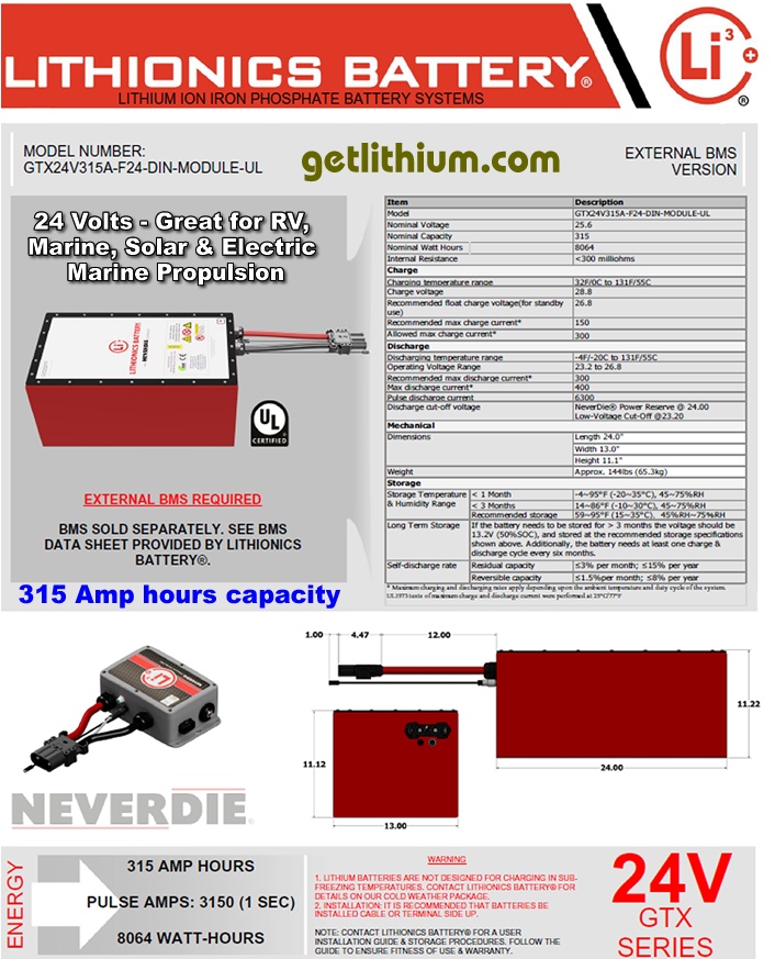 Lithionics Battery GTX high performance 24 Volt 315 Amp hour lithium-ion battery