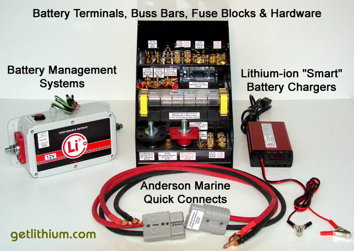 Lithionics Battery "Smart" Lithium-ion Battery Chargers, Battery MAnagement Systems, Copper Battery Terminals and Connectors, Anderson Power high grade, super efficient copper power cables and lossless copper power and ground wire quick connects