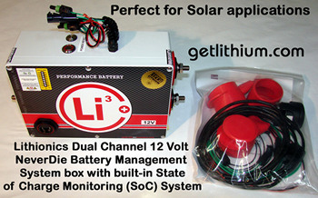 Lithionics Battery Dual Channel Battery Management System box for Solar Power Systems with High and Low Voltage cutoff protections as well as special Voltage sensors to prevent MPPT Solar Charge Controllers from draining battery power when there is no solar output. Click for larger image...