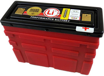 12 volt auto racing lithium-ion battery in red plastic battery case