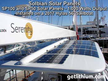 Solbian semi-flexible solar panels are available in a large number of sizes - shown here are the 50 Watt and 100 Watt semi-flexible solar panels mounted on the 56 foot Hylas sailboat project that Pinnacle Innovations supplied.