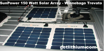 Three SunPower 50 Watt semi-flexible solar panels mounted on a Winnebagor Trevato RV