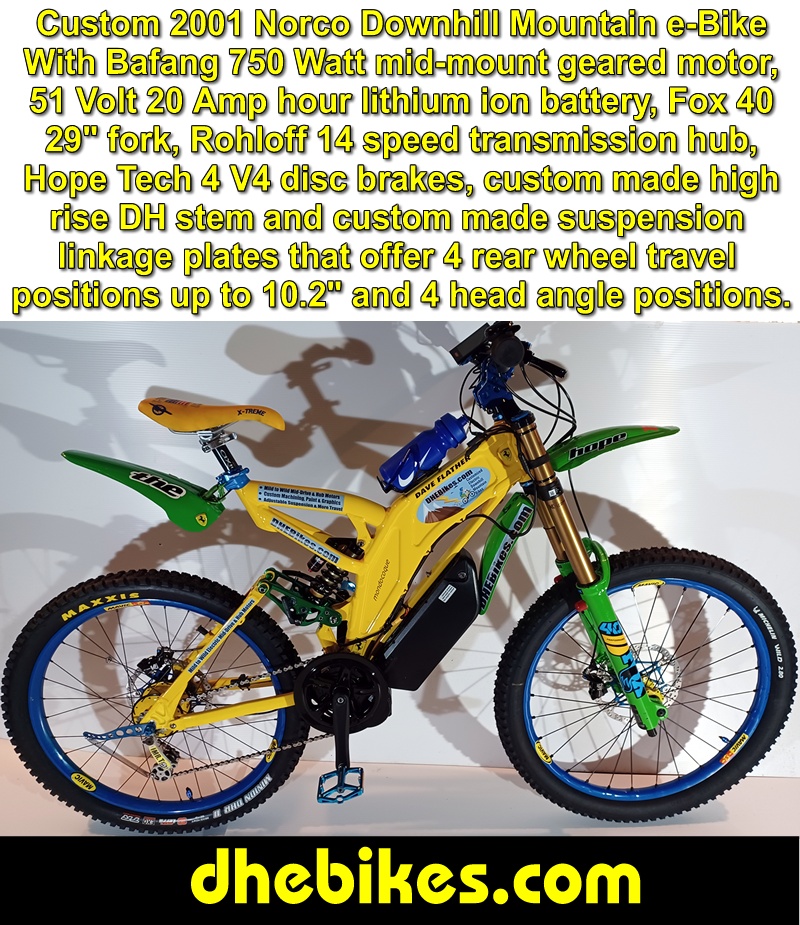 Visit dhebikes.com for custom made to order mens and womens electric downhill mountain bikes, electric motor kits, custom paint and custom machining like on this 2001 Norco Downhill mountain bike