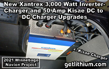 Shown is the new Xantrex Freedom XC Pro 3000 Watt inverter-charger upgrade as well as the Kisae 50 Amp DC to DC charger installation