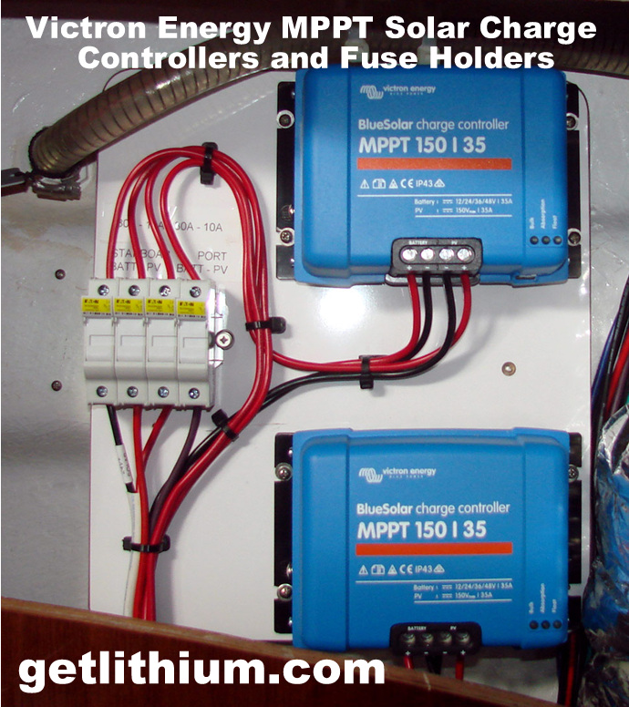 Victron Energy 24 Volt MPPT solar charge controllers and circuit breakers installed on a 56 foot yacht