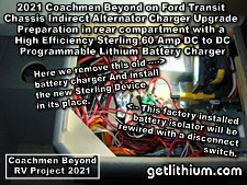 2021 Coachmen Beyond on a Ford Transit Chassis RV Lithionics Battery lithium-ion battery installation project photo - This is the rear over wheel well electronics cabinet where we installed the Sterling Power BB1260 DC to DC battery charger that outputs 60 Amps via the alternator