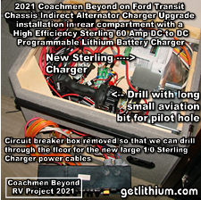 2021 Coachmen Beyond on a Ford Transit Chassis RV Lithionics Battery lithium-ion battery installation project photo - shown is the rear over wheel well electronics cabinet where we installed the Sterling Power BB1260 DC to DC battery charger that outputs 60 Amps via the alternator as well as the specially extra long aviation drill bits that we use to drill pilot holes through the floor where we need to run new tinned copper marine power cabling