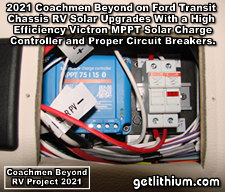 2021 Coachmen Beyond on a Ford Transit Chassis RV Lithionics Battery lithium-ion battery installation project photo - shown is the small new Victron Energy Smart Solar MPPT solar charge controller model 75/15 together with the proper solar circuit breakers that most RV manufacturers fail to provide. This was a very tight fit in this upper cabinet and required us to also install a special new steel backing/ mounting plate.