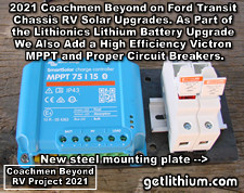 2021 Coachmen Beyond on a Ford Transit Chassis RV Lithionics Battery lithium-ion battery installation project photo - shown is the small new Victron Energy Smart Solar MPPT solar charge controller model 75/15 together with the proper solar circuit breakers together with a special new steel backing/ mounting plate all fitted prior to installation.