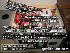 2021 Coachmen Beyond on a Ford Transit Chassis RV Lithionics Battery lithium-ion battery installation project photo - rear electronics cabinet with new Blue Sea marine DC disconnect switch and other gear.