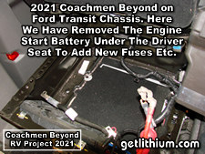 2021 Coachmen Beyond on a Ford Transit Chassis RV Lithionics Battery lithium-ion battery installation project photo - old start battery removal