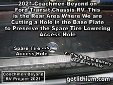 2021 Coachmen Beyond on a Ford Transit Chassis RV Lithionics Battery lithium-ion battery installation project photo - here we had to cut a very precisely located access hole in the bottom panel of the new battery box so that there is still access to the spare tire removal mechanism