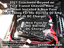 2021 Coachmen Beyond on a Ford Transit Chassis RV Lithionics Battery lithium-ion battery installation project photo - engine start battery area work - adding new cable and fuse for the DC to DC charger as well a new larger diameter chassis ground cable