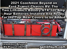 2021 Coachmen Beyond on a Ford Transit Chassis RV Lithionics Battery lithium-ion battery installation project photo - the new Lithionics twin battery system all installed and tested/ ready for use inside the new custom made aluminum and steel battery box but with the top and outer aluminum panels removed so that you can see inside.