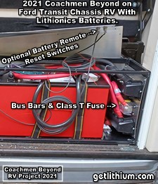 2021 Coachmen Beyond on a Ford Transit Chassis RV Lithionics Battery lithium-ion battery installation project photo - detail photo showing the marine Class T fuse assembly for the new Xantrex Freedom XC Pro 3,000 Watt inverter-charger upgrade.