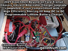 2021 Coachmen Beyond on a Ford Transit Chassis RV Lithionics Battery lithium-ion battery installation project photo - rear inside electronics cabinet completed.