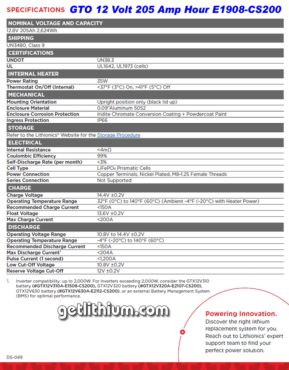 Lithionics GTO 205 Amp hour high capacity deep cycle and engine starting lithium-ion battery: light weight, super safe, powerful and compact lithium ion battery