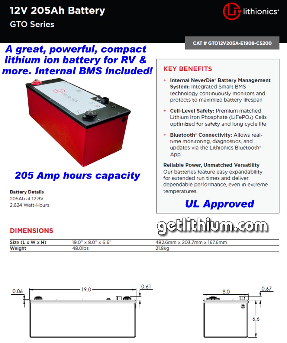 Lithionics GTO 205 Amp hour high capacity deep cycle and engine starting lithium-ion battery: light weight, super safe, powerful and compact lithium ion battery