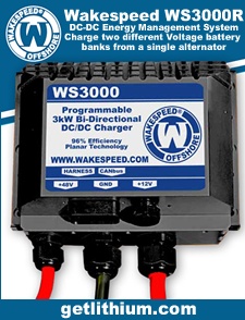 Wakespeed WS3000 bi-directional DC to DC Energy Management System capable of charging two different battery banks from 1 alternator from 12 Volts to 48 Volts including lithium-ion batteries.