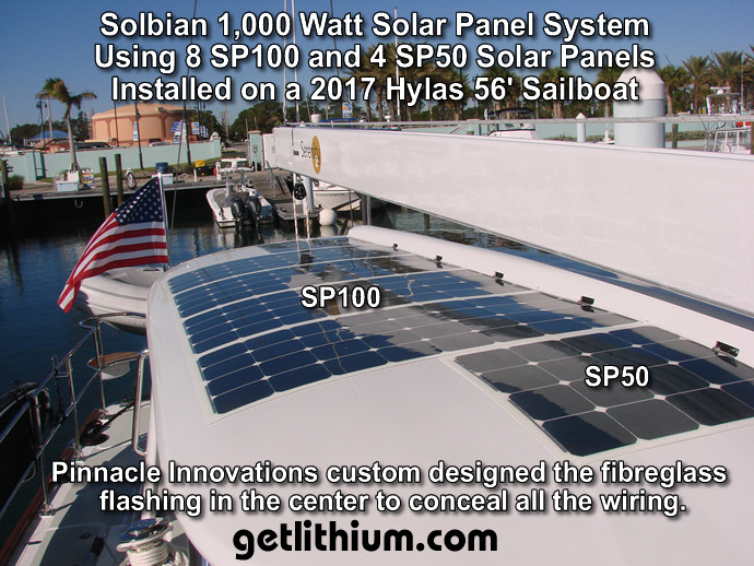 Solbian SP100 and Solbian SP50 solar panels installed on a sailboat bimini roof